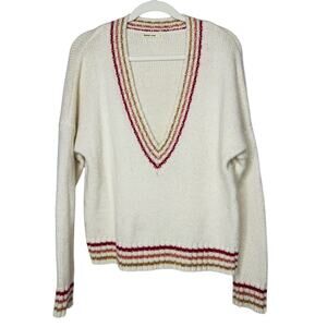 Marine Layer Women  Adalyn V Neck Sweater L Varsity Stripe Preppy Tenniscore